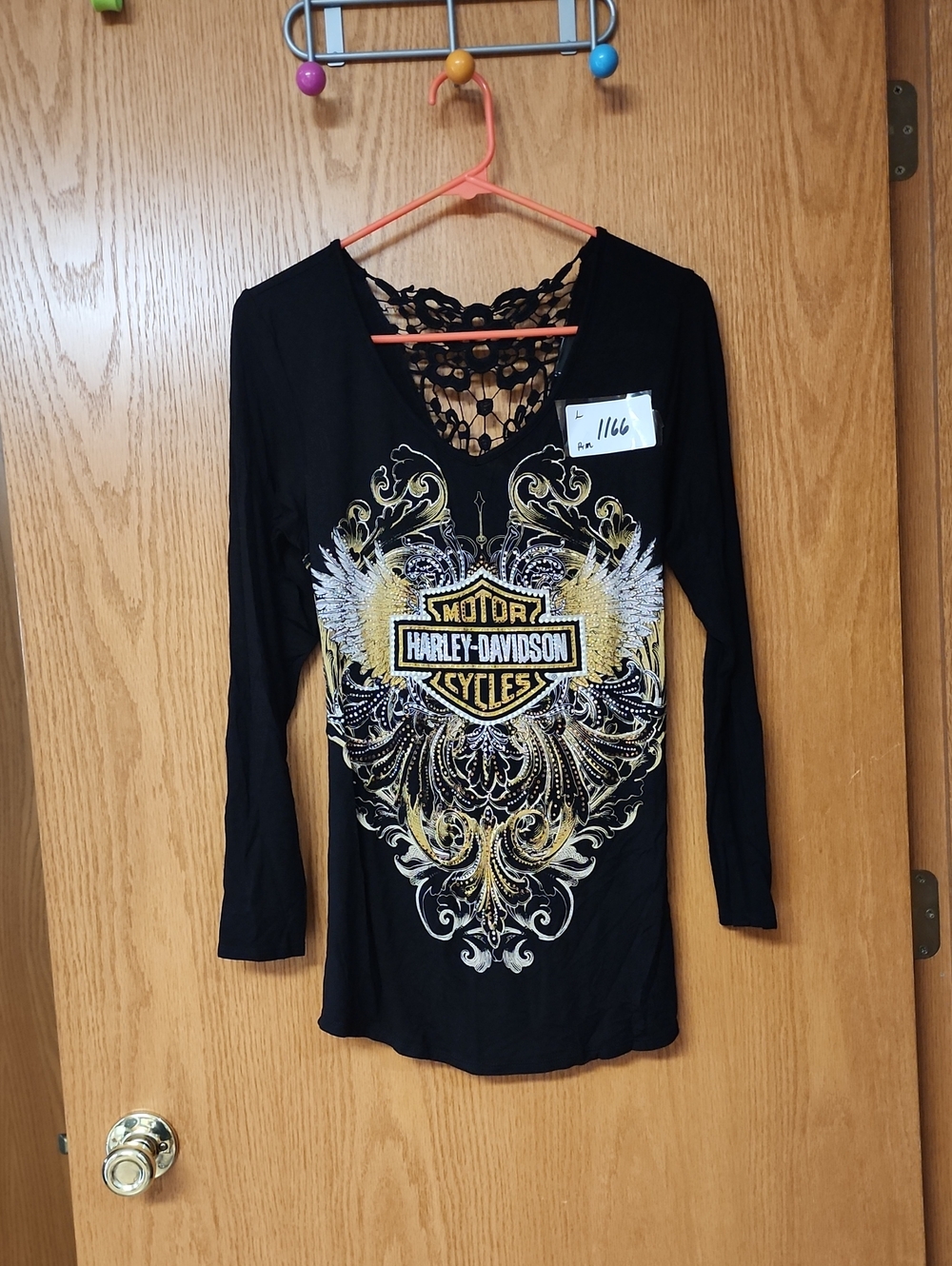 Harley-Davidson Black Long-Sleeve  Top with Gold and White womens L number 1166